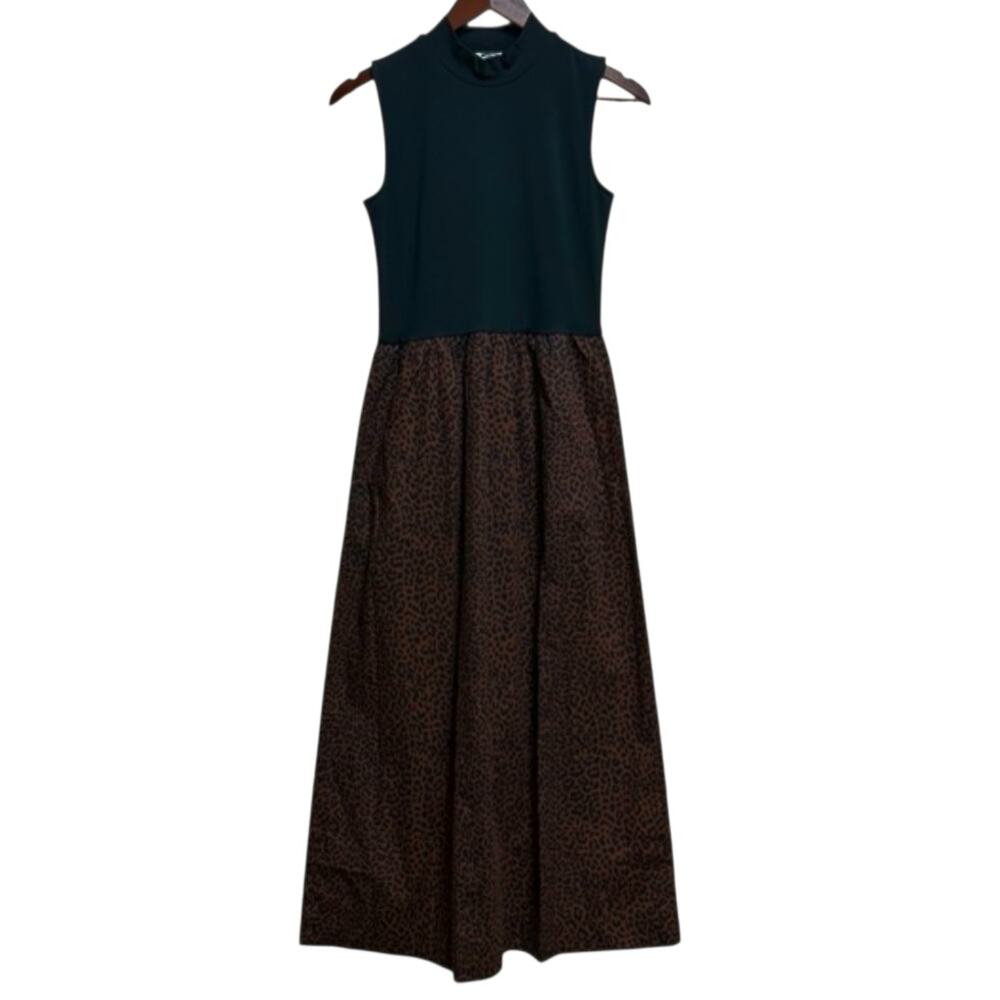 J Crew Printed Mock Neck Knit Mixed Media Midi Dress Black Brown Leopard Medium - Picture 2 of 8